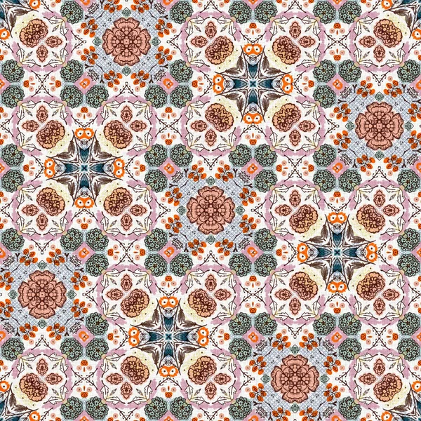 Retro fifties floral french printed fabric pattern for shabby chic home decor style. Pretty scandi country cottage flower geometric seamless background. Patchwork quilt effect tile
