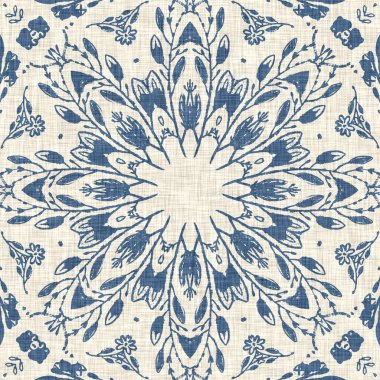 Fransız mavisi Fransız çiçekli kumaş desenli eski püskü ev dekorasyonu. Kırsal çiftlik evi, kır evi, çiçekli keten, pürüzsüz arka plan. Yama işi yorgan efekti motifi fayans