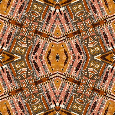 Kahverengi safari hayvan desenli yama kusursuz desen. Kahverengi kumaş efektli doğal yorgan ve damask stili. Modern kabile soyut Afrika sanat geçmişi.