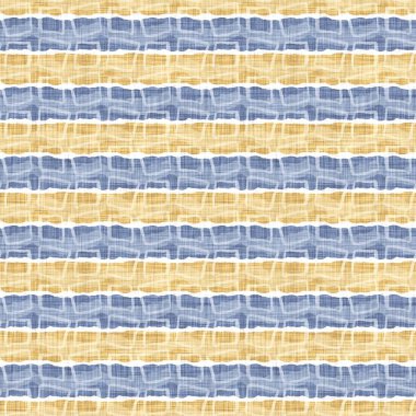 Kusursuz Fransız kırsal mutfak çizgili kumaş deseni. Mavi sarı beyaz yatay çizgili arka plan. Batik Boyası Kaynak Stili Kırsal Örgü Cottagecore Tekstili