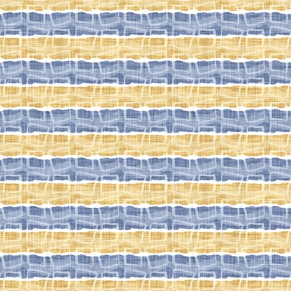 Kusursuz Fransız kırsal mutfak çizgili kumaş deseni. Mavi sarı beyaz yatay çizgili arka plan. Batik Boyası Kaynak Stili Kırsal Örgü Cottagecore Tekstili