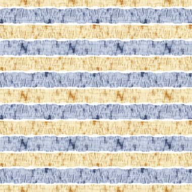 Kusursuz Fransız kırsal mutfak çizgili kumaş deseni. Mavi sarı beyaz yatay çizgili arka plan. Batik Boyası Kaynak Stili Kırsal Örgü Cottagecore Tekstili