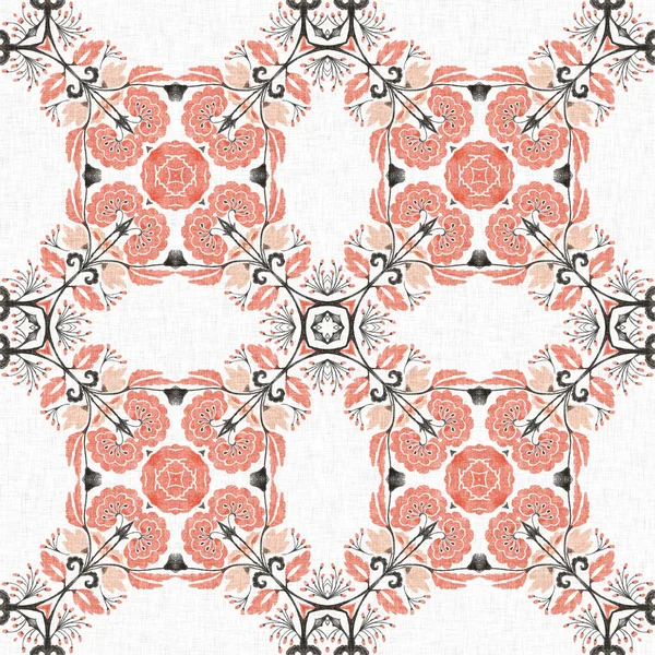 モダンなBoho幾何学的な花のキルトのスタイルシームレスなパターン みすぼらしいシックなスキャンディ繰り返し背景でリネン効果 — ストック写真