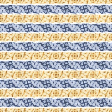 Kusursuz Fransız kırsal mutfak çizgili kumaş deseni. Mavi sarı beyaz yatay çizgili arka plan. Batik Boyası Kaynak Stili Kırsal Örgü Cottagecore Tekstili