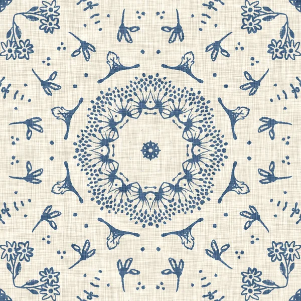 French blue floral french printed fabric pattern for shabby chic home decor style. Rustic farm house country cottage flower linen seamless background. Patchwork quilt effect motif tile