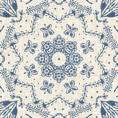 Fransız mavisi Fransız çiçekli kumaş desenli eski püskü ev dekorasyonu. Kırsal çiftlik evi, kır evi, çiçekli keten, pürüzsüz arka plan. Yama işi yorgan efekti motifi fayans