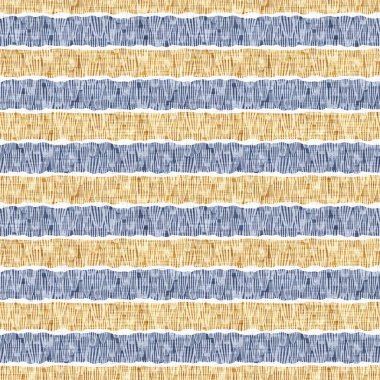 Kusursuz Fransız kırsal mutfak çizgili kumaş deseni. Mavi sarı beyaz yatay çizgili arka plan. Batik Boyası Kaynak Stili Kırsal Örgü Cottagecore Tekstili