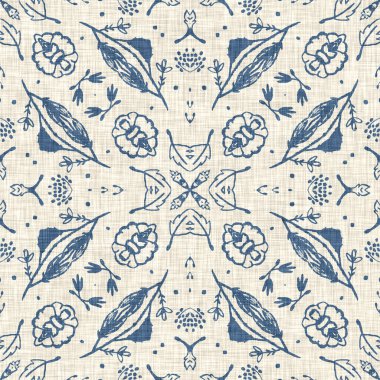 Fransız mavisi Fransız çiçekli kumaş desenli eski püskü ev dekorasyonu. Kırsal çiftlik evi, kır evi, çiçekli keten, pürüzsüz arka plan. Yama işi yorgan efekti motifi fayans