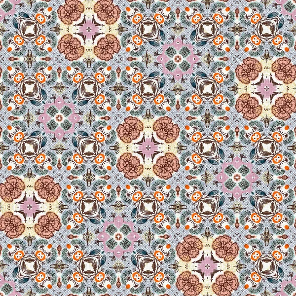 Retro fifties floral french printed fabric pattern for shabby chic home decor style. Pretty scandi country cottage flower geometric seamless background. Patchwork quilt effect tile