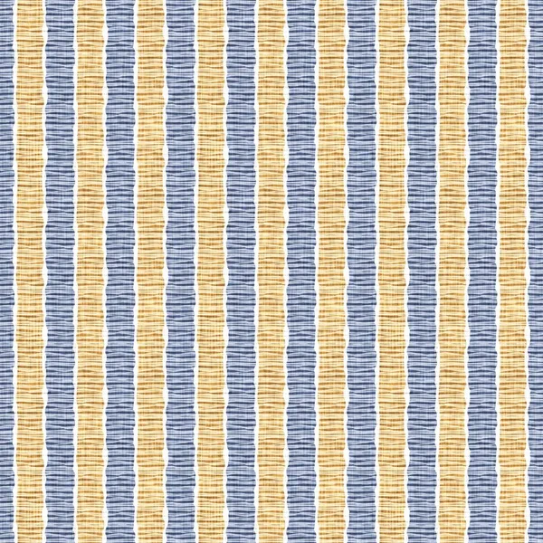 Seamless French country kitchen stripe fabric pattern print. Blue yellow white vertical striped background. Batik dye provence style rustic woven cottagecore textile