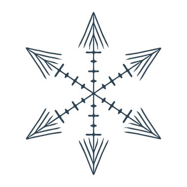 Noel kar tanesi çizim vektör motifi. Bayram, kostüm ve buz gibi ikon için maskülen kar grafiği. El çizimi Aralık karlı altı köşeli yıldız