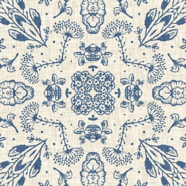 Fransız mavisi Fransız çiçekli kumaş desenli eski püskü ev dekorasyonu. Kırsal çiftlik evi, kır evi, çiçekli keten, pürüzsüz arka plan. Yama işi yorgan efekti motifi fayans