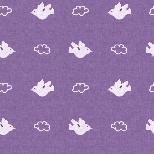 Gender neutral bird in sky seamless raster purple background. Simple whimsical 2 tone pattern. Kids nursery wallpaper or scandi all over print