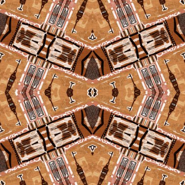 Kahverengi safari hayvan desenli yama kusursuz desen. Kahverengi kumaş efektli doğal yorgan ve damask stili. Modern kabile soyutlaması. Afrika 'dan esinlenerek