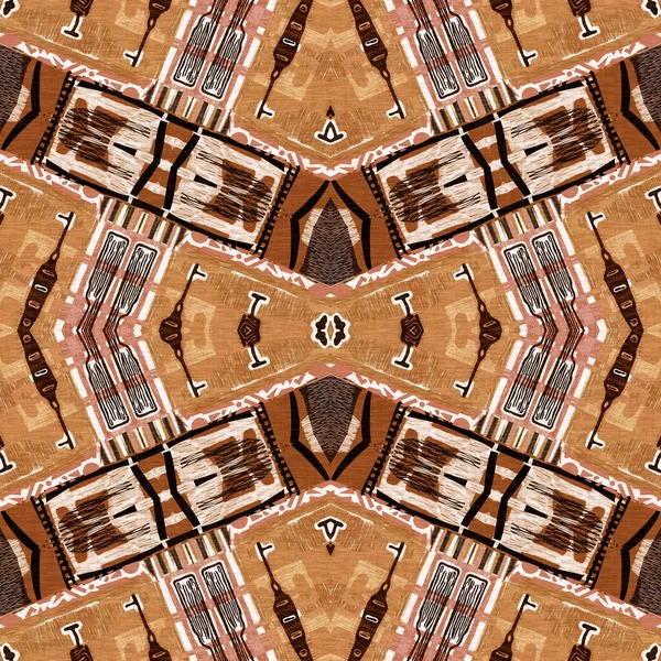 Kahverengi safari hayvan desenli yama kusursuz desen. Kahverengi kumaş efektli doğal yorgan ve damask stili. Modern kabile soyutlaması. Afrika 'dan esinlenerek