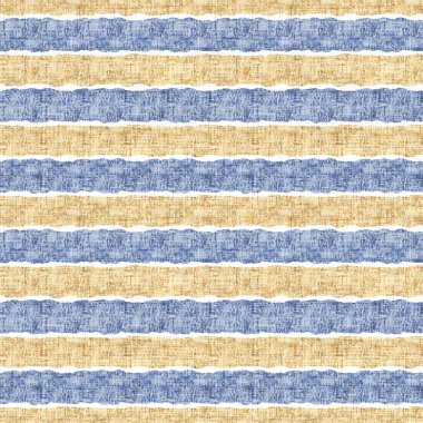 Kusursuz Fransız kırsal mutfak çizgili kumaş deseni. Mavi sarı beyaz yatay çizgili arka plan. Batik Boyası Kaynak Stili Kırsal Örgü Cottagecore Tekstili