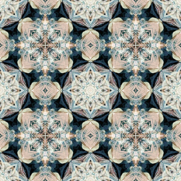 レトロなBoho幾何学的な万華鏡スカーフパターンの背景 カラフルなヴィンテージAzulejos効果ダマスクショールテキスタイルプリントタイル — ストック写真