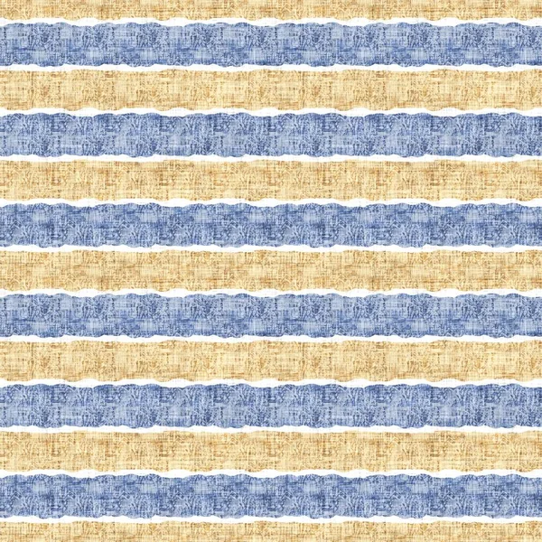 Kusursuz Fransız kırsal mutfak çizgili kumaş deseni. Mavi sarı beyaz yatay çizgili arka plan. Batik Boyası Kaynak Stili Kırsal Örgü Cottagecore Tekstili