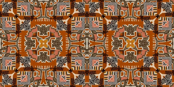 Brown safari animal print patchwork seamless border pattern. Natural quilt clash damask style in brown printed fabric ribbon trim. Modern tribal abstract. Africa inspired edging background