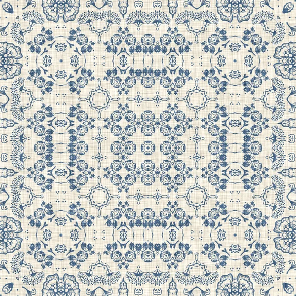 French blue floral french printed fabric pattern for shabby chic home decor style. Rustic farm house country cottage flower linen seamless background. Patchwork quilt effect motif tile