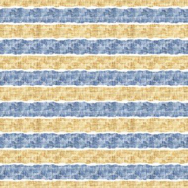 Kusursuz Fransız kırsal mutfak çizgili kumaş deseni. Mavi sarı beyaz yatay çizgili arka plan. Batik Boyası Kaynak Stili Kırsal Örgü Cottagecore Tekstili