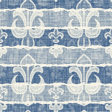 Hassas Fransız dantel efekti. Kusursuz çizgili desen. Süslü Provence tarzı dantelli kır evi dekorasyonu. Kırsal, modern, pejmürde, şık tasarım için keten kumaş duvar kağıdı.