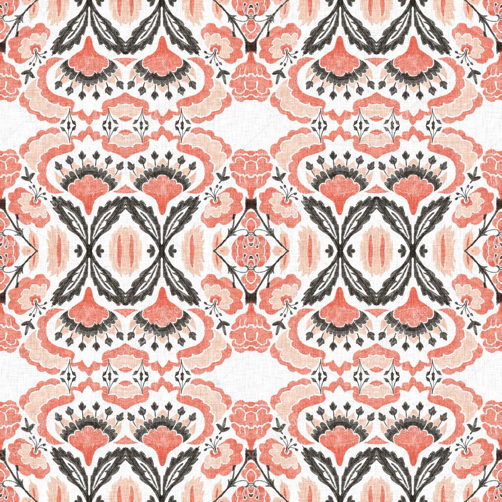 Modern boho geometric floral quilt style seamless pattern. Shabby chic scandi repeat background with linen effect