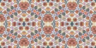 Eski 50 'lerin çiçekli çiçekli kumaş desenli eski püskü ev dekorasyonu kurdelesi. Güzel Skandi kır evi çiçekleri geometrik sonsuz şerit. Yamalı yorgan efekti pankart kenarı