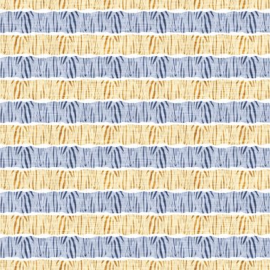 Kusursuz Fransız kırsal mutfak çizgili kumaş deseni. Mavi sarı beyaz yatay çizgili arka plan. Batik Boyası Kaynak Stili Kırsal Örgü Cottagecore Tekstili