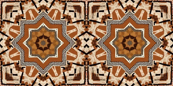 Brązowe Safari Zwierząt Odcisk Mozaiki Bezproblemowy Wzór Granicy Naturalna Kołdra — Zdjęcie stockowe