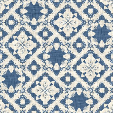 Eski püskü ev dekorasyonu için Fransız mavisi yorgan deseni. Kırsal çiftlik evi. Kır evi, keten, pürüzsüz arka plan.