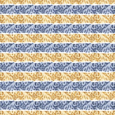 Kusursuz Fransız kırsal mutfak çizgili kumaş deseni. Mavi sarı beyaz yatay çizgili arka plan. Batik Boyası Kaynak Stili Kırsal Örgü Cottagecore Tekstili