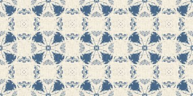 Eski püskü ev dekorasyonu için Fransız mavisi yorgan desenli kumaş kenar deseni. Kırsal çiftlik evi kır evi çiçekli keten sonsuz bant. Yamalı yorgan efekti kurdele kenarı