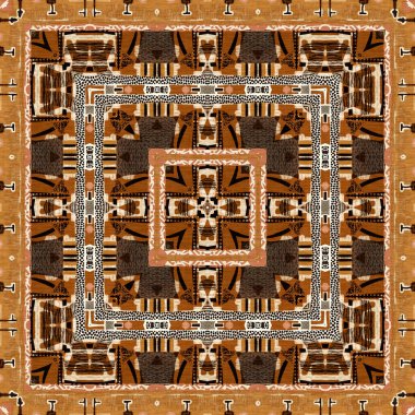 Kahverengi safari hayvan desenli yama kusursuz desen. Kahverengi kumaş efektli doğal yorgan ve damask stili. Modern kabile soyutlaması. Afrika 'dan esinlenerek