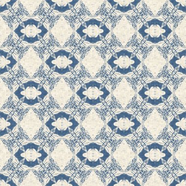 Eski püskü ev dekorasyonu için Fransız mavisi yorgan deseni. Kırsal çiftlik evi. Kır evi, keten, pürüzsüz arka plan.