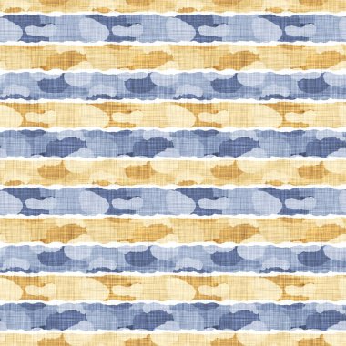 Kusursuz Fransız kırsal mutfak çizgili kumaş deseni. Mavi sarı beyaz yatay çizgili arka plan. Batik Boyası Kaynak Stili Kırsal Örgü Cottagecore Tekstili