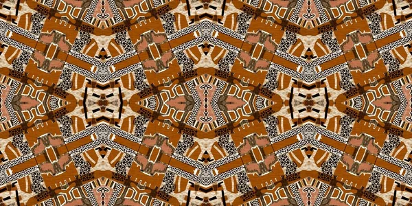 棕色狩猎动物斑纹无缝边界图案 天然棉被与褐色印花布缎带装饰的花缎风格相抵触 现代部落抽象 受非洲启发的背景 — 图库照片