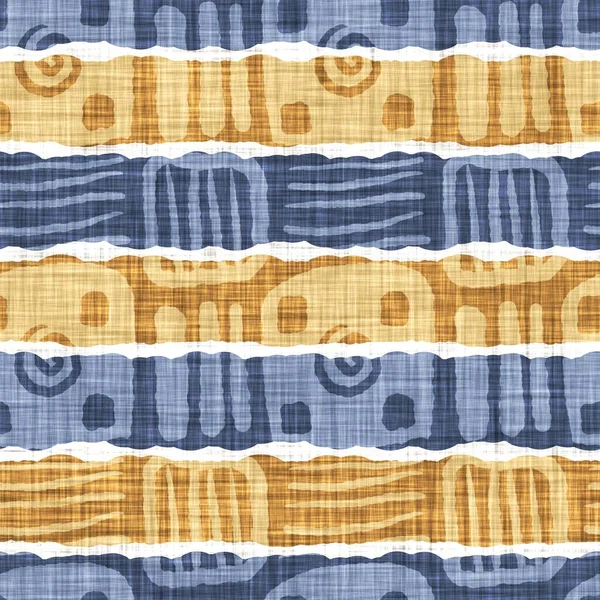 Seamless French country kitchen stripe fabric pattern print. Blue yellow white horizontal striped background. Batik dye provence style rustic woven cottagecore textile