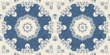 Eski püskü ev dekorasyonu için Fransız mavisi yorgan desenli kumaş kenar deseni. Kırsal çiftlik evi kır evi çiçekli keten sonsuz bant. Yamalı yorgan efekti kurdele kenarı