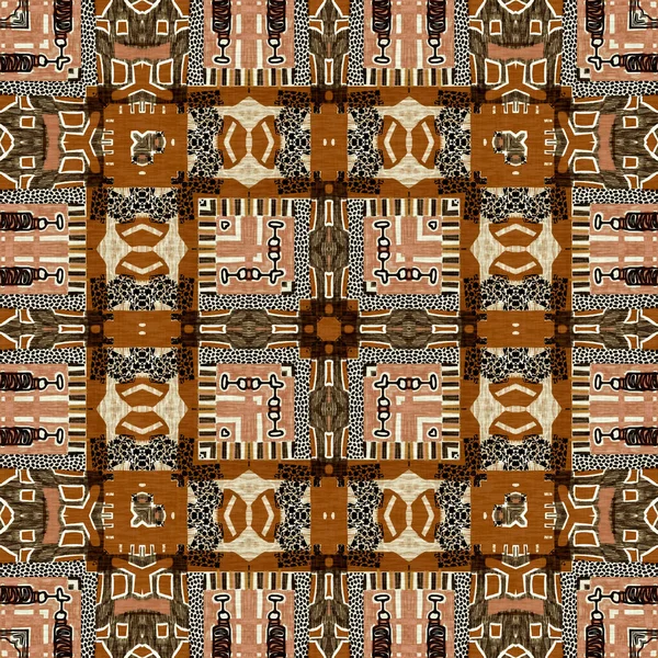 棕色狩猎动物斑纹无缝图案 天然棉被在棕色印花面料效果中与花缎风格相抵触 现代部落抽象 受非洲启发的工艺背景 — 图库照片