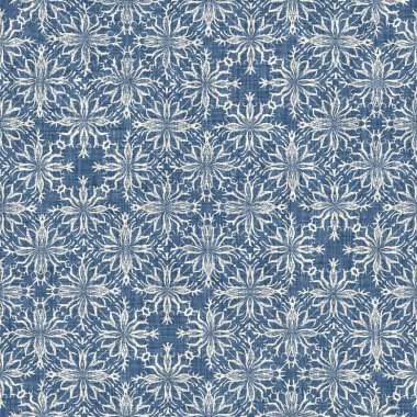 Çiftlik evi mavi kar tanesi desenli arka plan. Frosty batik fransız efekti kusursuz arkaplan. Şenlikli soğuk tatil sezonu duvar kâğıdı döşemesi