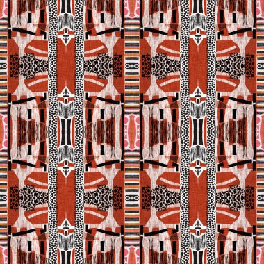 Kahverengi safari hayvan desenli yama çizgili, pürüzsüz desen. Kahverengi baskılı kumaş efektli doğal yorgan çarpışması. Modern etnik kabile soyutlaması. Afrika doğrusal yamalı arka plandan esinlendi