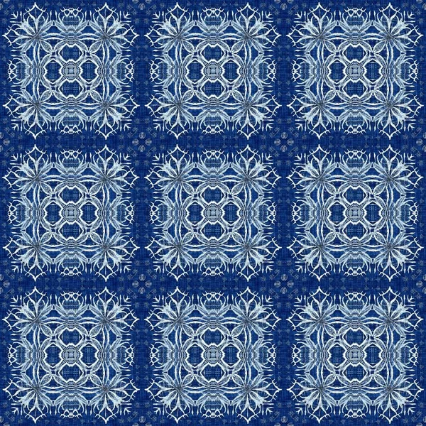 Indigo Blue Snow Flake Damask Pattern Background Frosty Painterly Effect — Fotografia de Stock