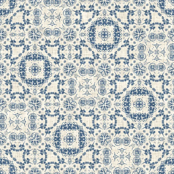 French blue floral french printed fabric pattern for shabby chic home decor style. Rustic farm house country cottage flower linen seamless background. Patchwork quilt effect motif tile