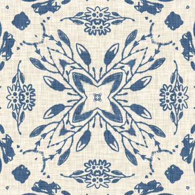 Fransız mavisi Fransız çiçekli kumaş desenli eski püskü ev dekorasyonu. Kırsal çiftlik evi, kır evi, çiçekli keten, pürüzsüz arka plan. Yama işi yorgan efekti motifi fayans