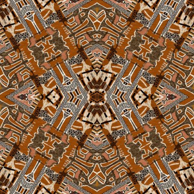 Kahverengi safari hayvan desenli yama kusursuz desen. Kahverengi kumaş efektli doğal yorgan ve damask stili. Modern kabile soyutlaması. Afrika 'dan esinlenerek
