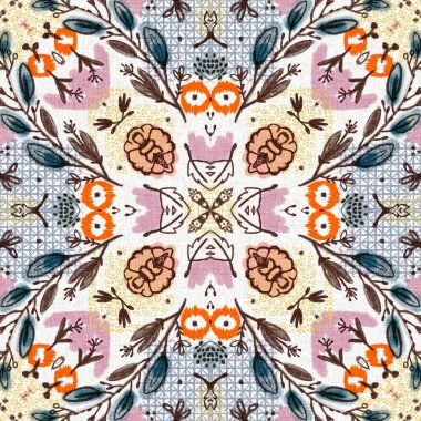 Eski 50 'lerin Fransız çiçekli kumaş desenleri, eski püskü ev dekorasyonu için. Oldukça skandi köy kır evi çiçekli geometrik dikişsiz arka plan. Yama işi yorgan etkisi fayans