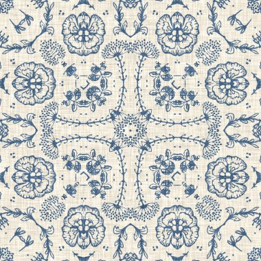 Fransız mavisi Fransız çiçekli kumaş desenli eski püskü ev dekorasyonu. Kırsal çiftlik evi, kır evi, çiçekli keten, pürüzsüz arka plan. Yama işi yorgan efekti motifi fayans