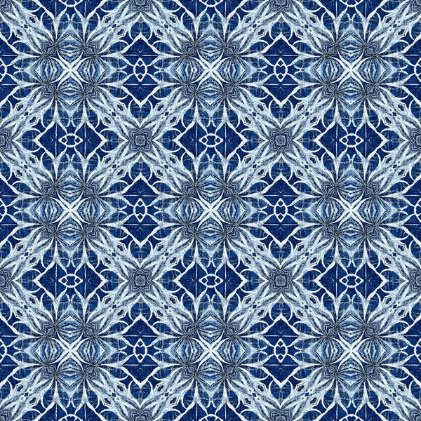 Indigo Blue Snow Flake Patchwork Pattern Background Frosty Painterly Effect — Stockfoto