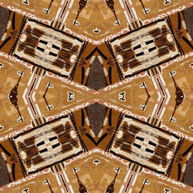 Kahverengi safari hayvan desenli yama kusursuz desen. Kahverengi kumaş efektli doğal yorgan ve damask stili. Modern kabile soyutlaması. Afrika 'dan esinlenerek
